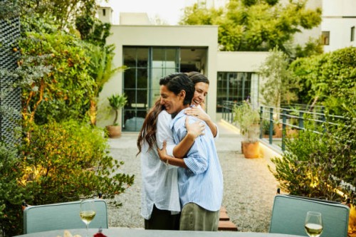 medium wide shot smiling friends embracing during rooftop garden party - garden decoration photos et images de collection