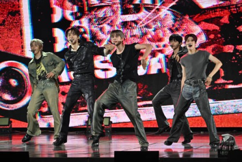 Members of K-pop boy group RIIZE perform during a showcase for their first mini album "RIIZING" in Seoul on June 17, 2024.