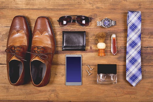 men's accessories organized on table in knolling arrangement - fashion stock pictures, royalty-free photos & images