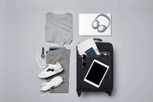 menswear with suitcase and personal accessories - fashion stock pictures, royalty-free photos & images