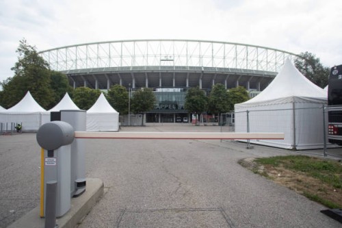 Merchandising booths for items related to US mega-star Taylor Swift are closed next to the Ernst-Happel Stadium in Vienna, Austrian, on August 8...