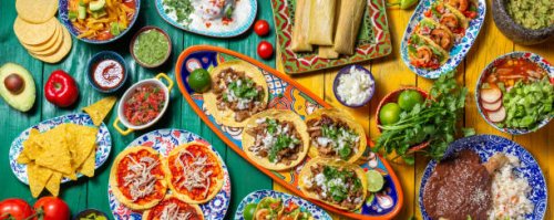 mexican festive food for independence day independencia - chiles en nogada, tacos al pastor, chalupas pozole, tamales, chicken with mole poblano sauce. colorful background, top view - food stock pictures, royalty-free photos 