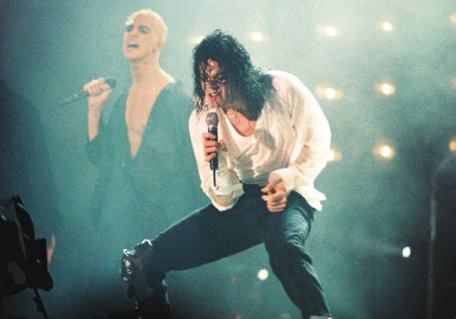 Michael Jackson performs on stage at Wembley Stadium, London on his Dangerous world tour, 20th August 1992.