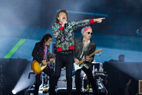 Mick Jagger, Keith Richards, and Ronnie Wood from The Rolling Stones perform at Hippodrome de Longchamp on July 23, 2022 in Paris, France.