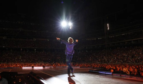 Mick Jagger performs on stage during The Rolling Stones' 'STONES TOUR '24 HACKNEY DIAMONDS' at NRG Stadium on April 28, 2024 in Houston, Texas.