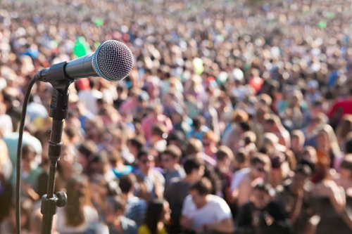 microphone in front of crowd - concert stock pictures, royalty-free photos & images