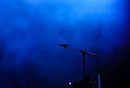 Microphone is shown onstage before a performance by recording artist St. Vincent at Allegiant Stadium on April 01, 2023 in Las Vegas, Nevada.