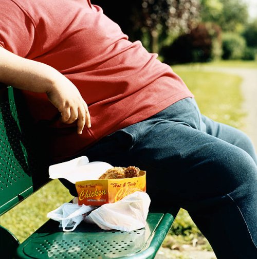 mid-section of an overweight man sitting on a park bench with take-away food - junk food stock pictures, royalty-free photos & images