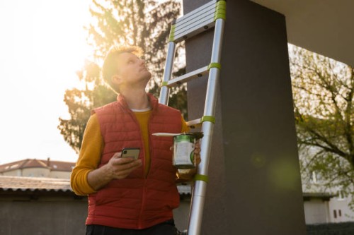 mid adult man holding paint equipment and smart phone looking at apartment - home decoration stock pictures, royalty-free photos & images