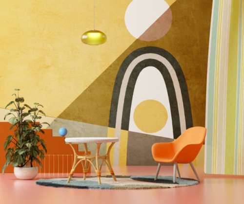 mid century room with boho design - home decoration stock pictures, royalty-free photos & images