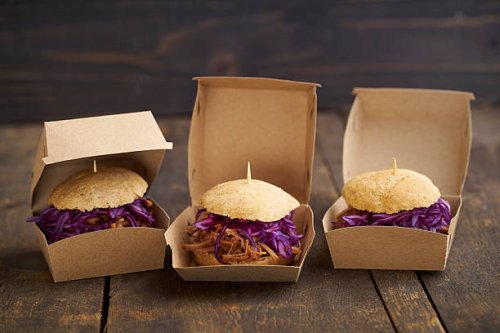 mini-burger with pulled pork, red cabbage and fried onions in boxes - junk food stock pictures, royalty-free photos & images