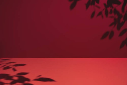 minimal empty dark red monochrome colored room background. modern studio showcase, product display, 3d stage, pink table with natural tree leaves shadows. - fashion stock pictures, royalty-free photos & images