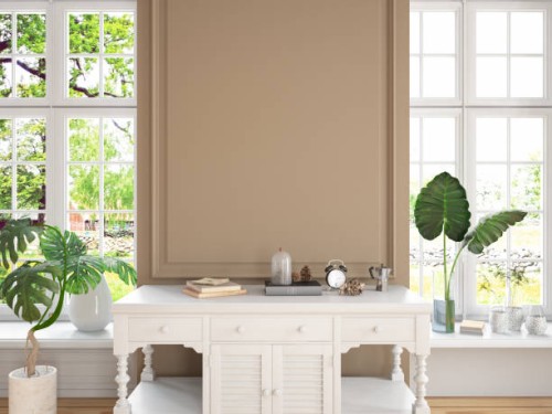 minimalistic room interior wooden wall with a drawer copy space - home decoration stockfoto's en -beelden