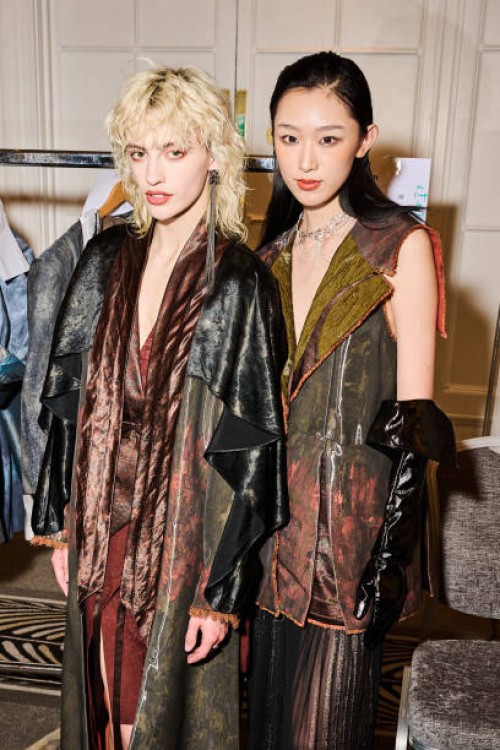 Model backstage ahead of the Apujan show during London Fashion Week September 2024 at The Waldorf Hilton Hotel on September 16, 2024 in London,...