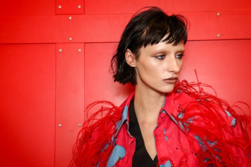 Model backstage ahead of the Patrick McDowell show during London Fashion Week September 2024 at Guildhall School of Music & Drama on September 14,...