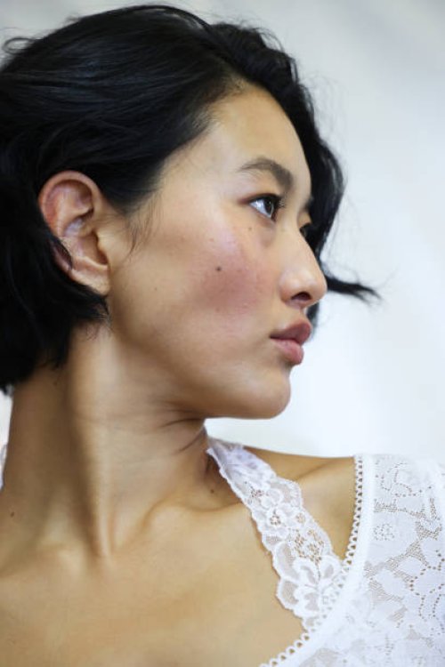 Model backstage ahead of the Yuhan Wang show during London Fashion Week September 2024 at on September 13, 2024 in London, England.