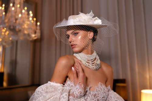 Model backstage during Bronx And Banco Bridal NYFW "La Blanche" at Baccarat Hotel on October 12, 2023 in New York City.