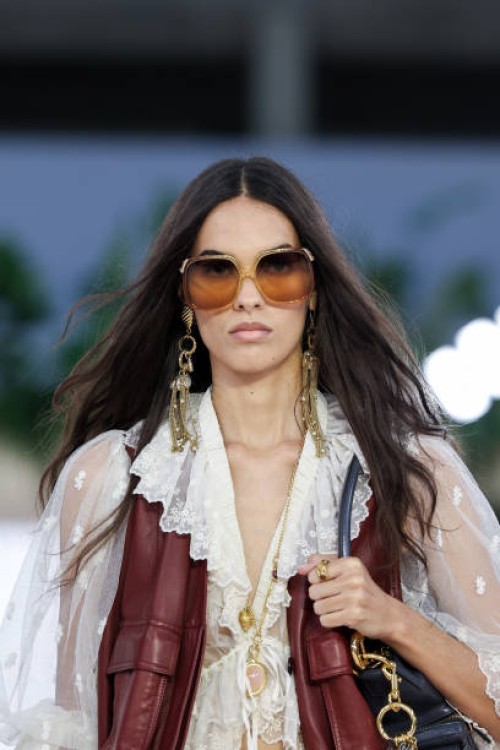 Model, fashion detail, walks the runway during the Chloé Womenswear Spring-Summer 2025 show as part of Paris Fashion Week on September 26, 2024 in...