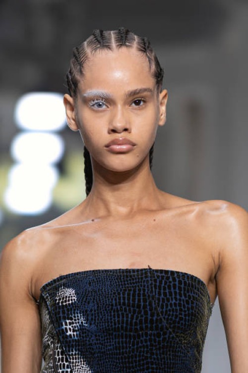 Model, make-up detail, walks the runway during the Ottolinger Womenswear Spring/Summer 2024 show as part of Paris Fashion Week on October 01, 2023 in...