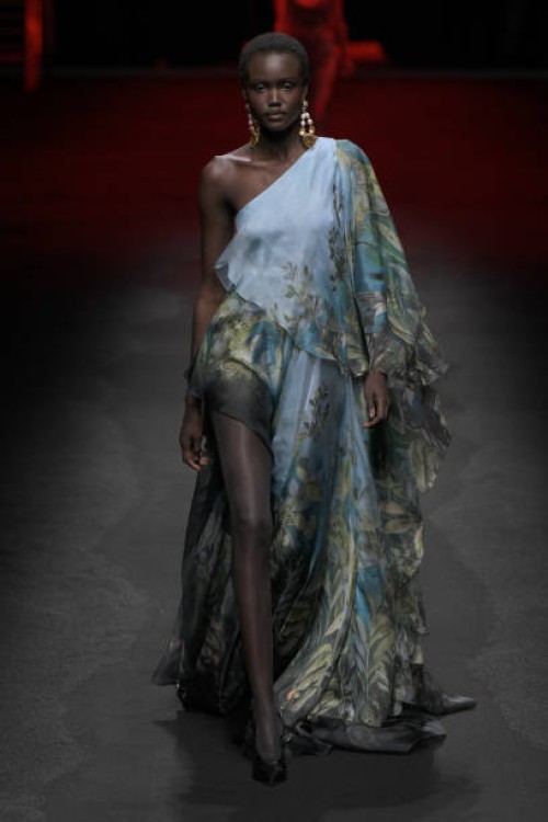 Model on the runway at the Roberto Cavalli Fall RTW 2025 fashion show as part of Milan Fashion Week on February 27, 2025 in Milan, Italy.