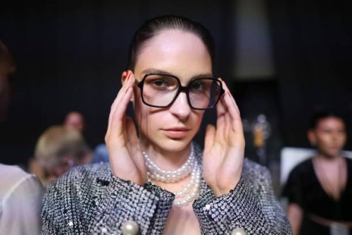 Model poses ahead of the COLLECTIVEFOUR Marcel Ostertag show during Berlin Fashion Week SS25 at Uber Eats Music Hall on July 03, 2024 in Berlin,...