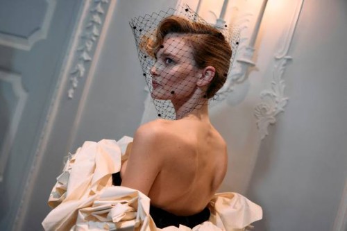 Model poses backstage ahead of the Richard Quinn Spring/Summer 2025 collection at London Fashion Week in London on September 14, 2024.