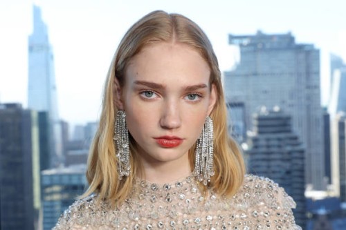 Model poses backstage at the Carolina Herrera show during the February 2025 New York Fashion Week on February 10, 2025 in New York City.