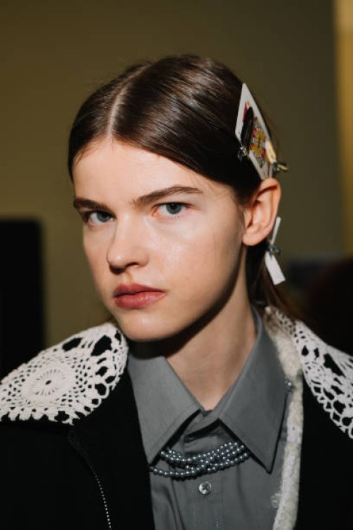 Model poses backstage at the Marco Rambaldi fashion show during the Milan Fashion Week - Womenswear Fall/Winter 2025/2026 on February 26, 2025 in...