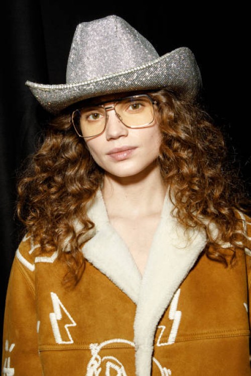 Model poses backstage at the Philipp Plein fashion show during the Milan Fashion Week Womenswear Fall/Winter 2023/2024 on February 25, 2023 in Milan,...