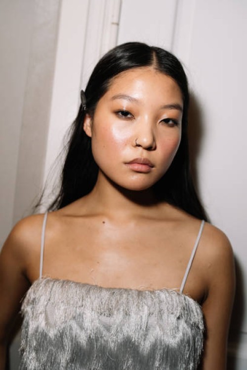 Model poses backstage at the Rotate show during the Copenhagen Fashion Week Spring/Summer 2024 on August 10, 2023 in Copenhagen, Denmark.