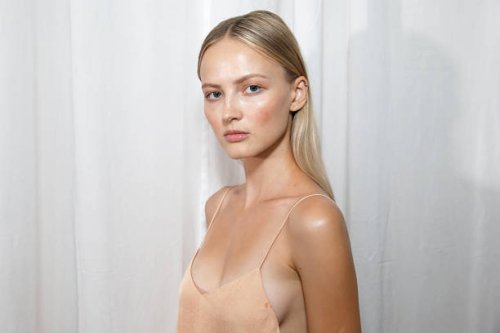 Model poses backstage at the Tibi fashion show during New York Fashion Week - September 2024 at Starrett-Lehigh Building on September 07, 2024 in New...