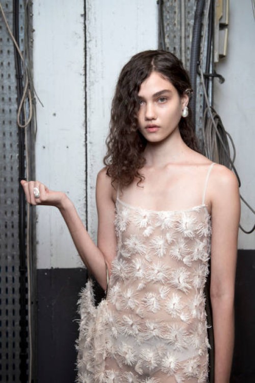 Model poses backstage prior to the Rokh Womenswear Fall Winter 2023-2024 show as part of Paris Fashion Week on March 06, 2023 in Paris, France.