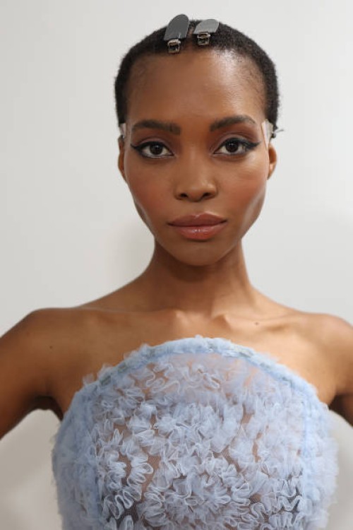Model poses backstage prior to the Theunissen Womenswear Spring-Summer 2025 show as part of Paris Fashion Week on September 30, 2024 in Paris, France.