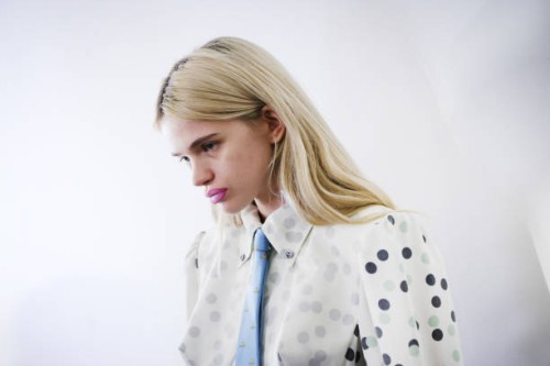 Model poses backstage prior to the Vivienne Westwood Womenswear Fall/Winter 2025-2026 show as part of Paris Fashion Week at Pavillon Cambon on March...