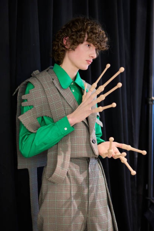 Model poses backstage prior to the Walter Van Beirendonck Menswear Fall-Winter 2025/2026 show as part of Paris Fashion Week on January 22, 2025 in...