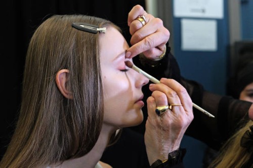 Model poses backstage prior to the Zimmermann Womenswear Fall/Winter 2025-2026 show as part of Paris Fashion Week at Le Petit Palais on March 10,...