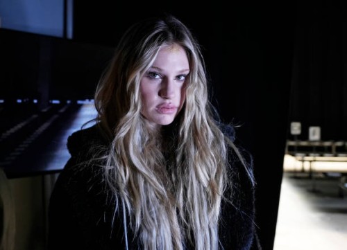 Model prepares backstage for the Kobi Halperin fashion show during February 2025 New York Fashion Week on February 10, 2025 in New York City.