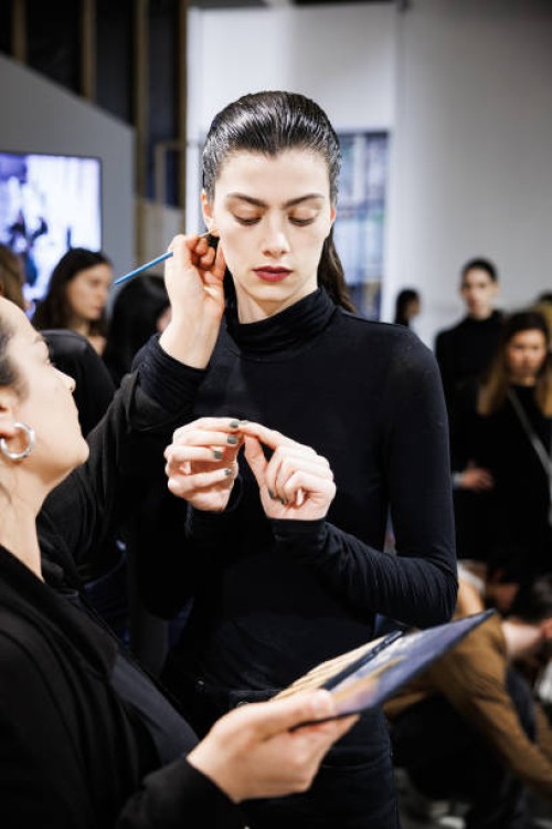 Model prepares backstage prior to the Atlein Womenswear Fall/Winter 2024-2025 show as part of Paris Fashion Week on March 03, 2024 in Paris, France.