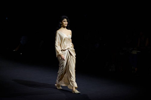 Model presents a collection by designer Tarun Tahiliani during Lakme Fashion week 2025 on March 29, 2025 in Mumbai, India.