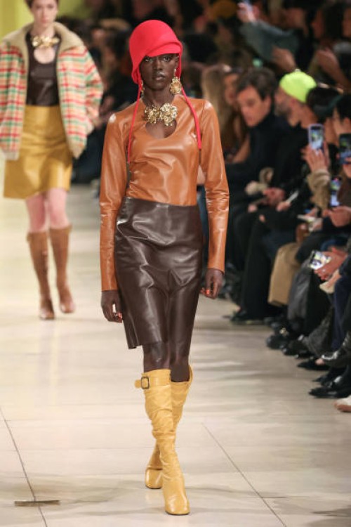 Model presents a creation by Miu Miu for the Womenswear Ready-to-wear Fall-Winter 2025/2026 collection as part of the Paris Fashion Week, in Paris on...