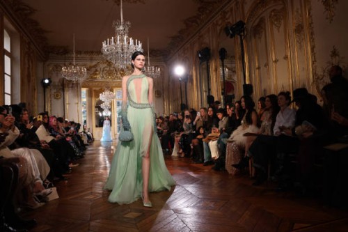 Model presents a creation for Georges Hobeika during the Women's Haute-Couture Spring/Summer 2024 Fashion Week in Paris on January 22, 2024.