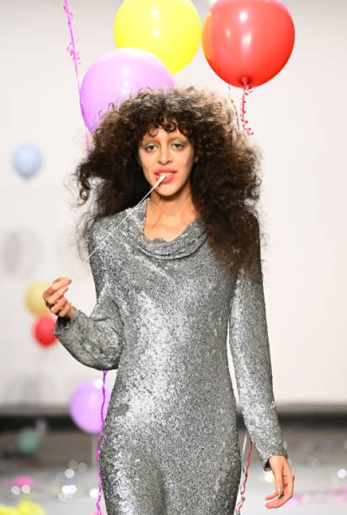 Model walks the runway at the Ashish show during London Fashion Week February 2025 at 180 Studios on February 24, 2025 in London, England.