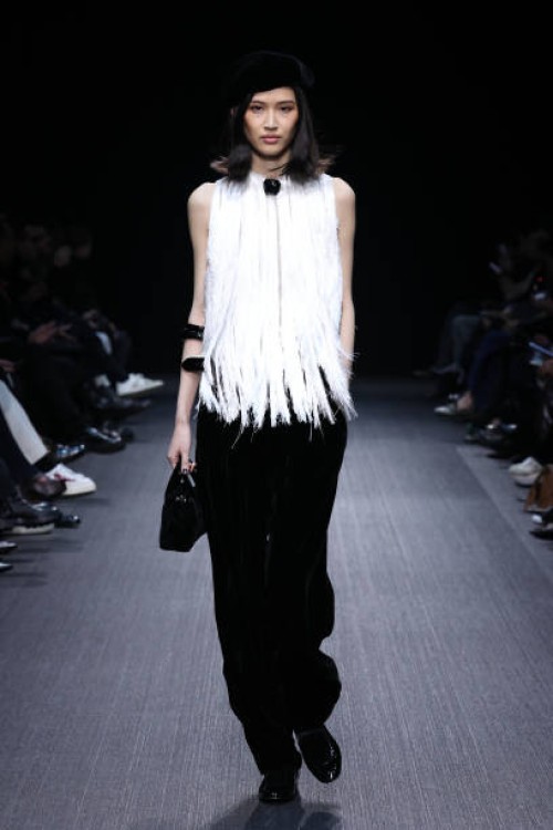 Model walks the runway at the Emporio Armani fashion show during the Milan Fashion Week - Womenswear Fall/Winter 2025/2026 on February 27, 2025 in...