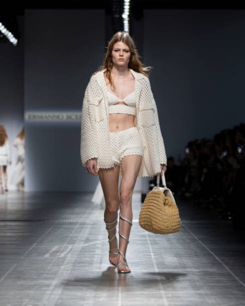 Model walks the runway at the Ermanno Scervino fashion show during the Milan Womenswear Spring/Summer 2025 on September 21, 2024 in Milan, Italy.
