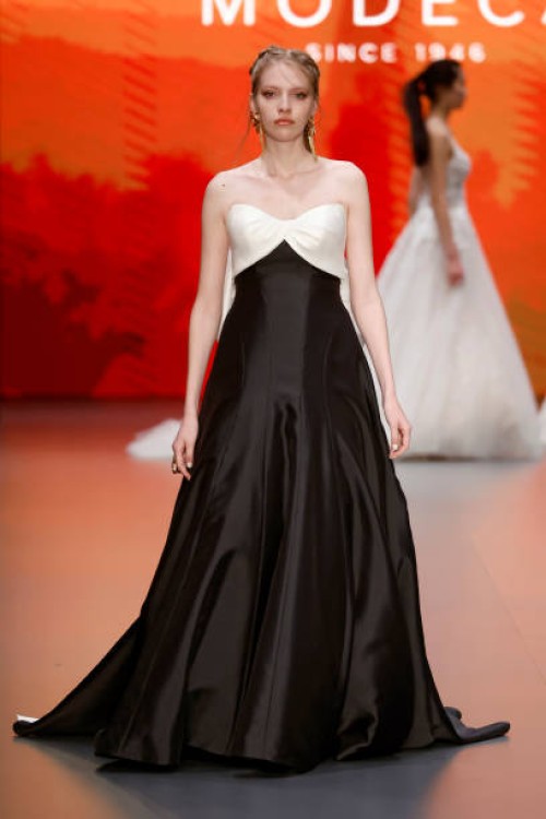 Model walks the runway at the Global Bridal House fashion show during Barcelona Bridal Fashion Week 2024 on April 20, 2024 in Barcelona, Spain.