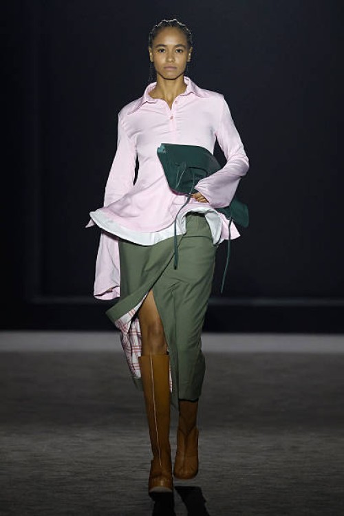 Model walks the runway at the Habey Club fashion show during the 35th edition of 080 Barcelona Fashion Week at Recinto Modernista de Sant Pau on...