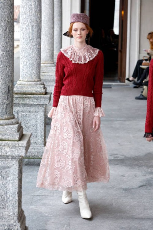 Model walks the runway at the Luisa Beccaria fashion show during the Milan Fashion Week - Womenswear Fall/Winter 2025/2026 on February 26, 2025 in...