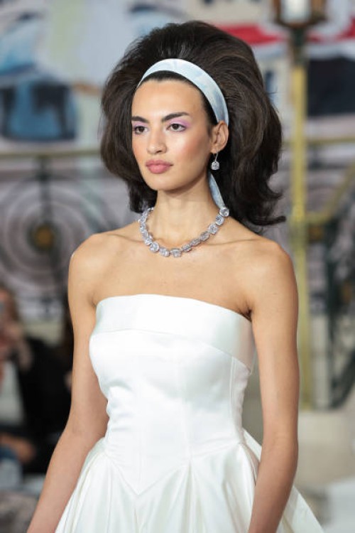 Model walks the runway at the Paul Costelloe show during London Fashion Week September 2024 at on September 13, 2024 in London, England.