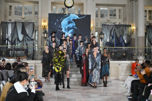 Model walks the runway at the Zifei Wang show during London Fashion Week September 2024 at The Waldorf Hilton Hotel on September 16, 2024 in London,...
