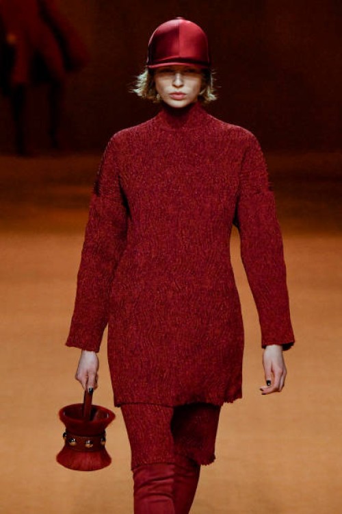 Model walks the runway during the Hermes Ready to Wear Fall/Winter 2023-2024 fashion show as part of the Paris Fashion Week on March 4, 2023 in...